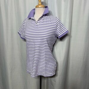 Striped Polo Shirt Preppy Casual Golf Light Purple White Cotton Short Sleeve Top